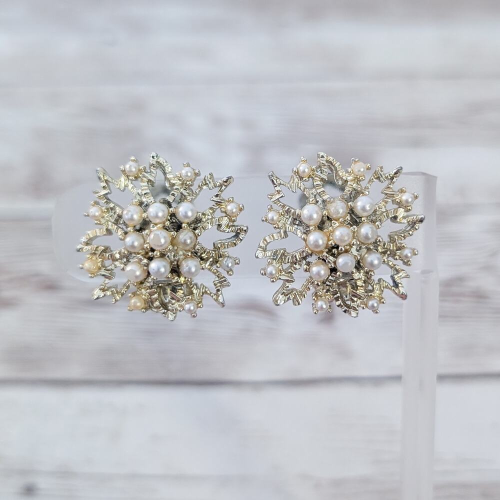 Vintage Clip On Earrings Large Statement Gold Tone with Faux Pearl Accents